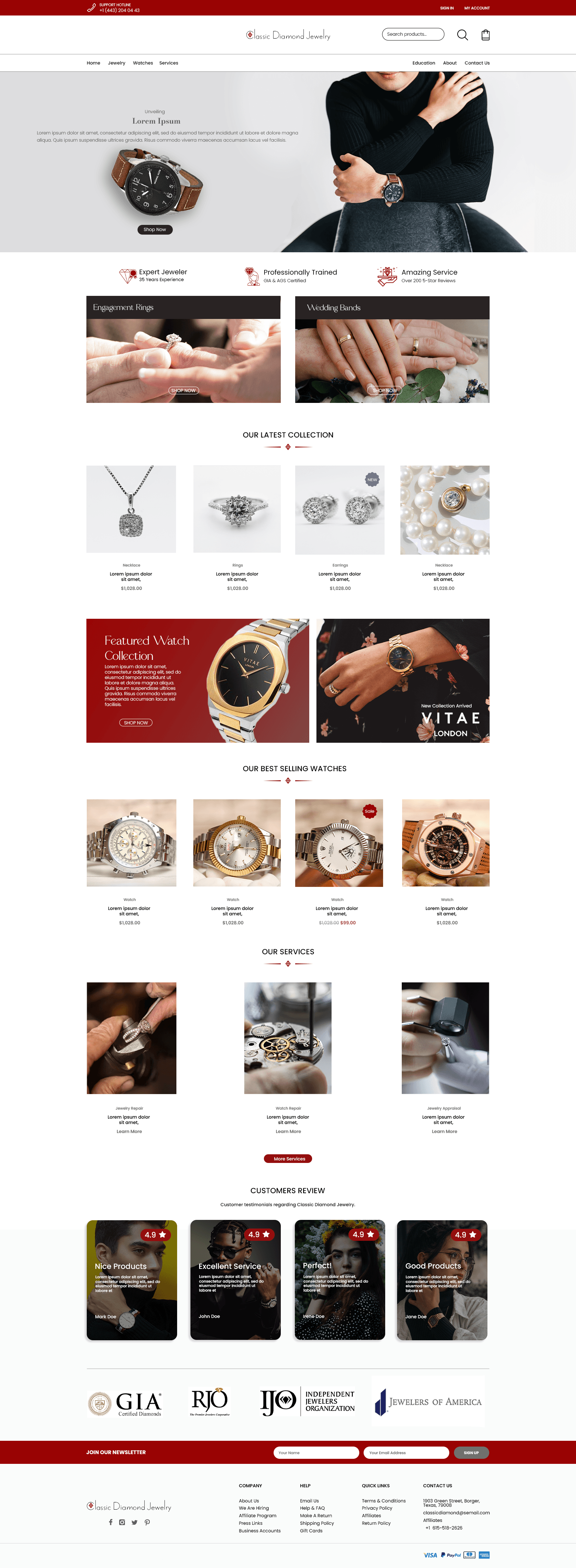 Classic Diamond red-themed jewelry website design.