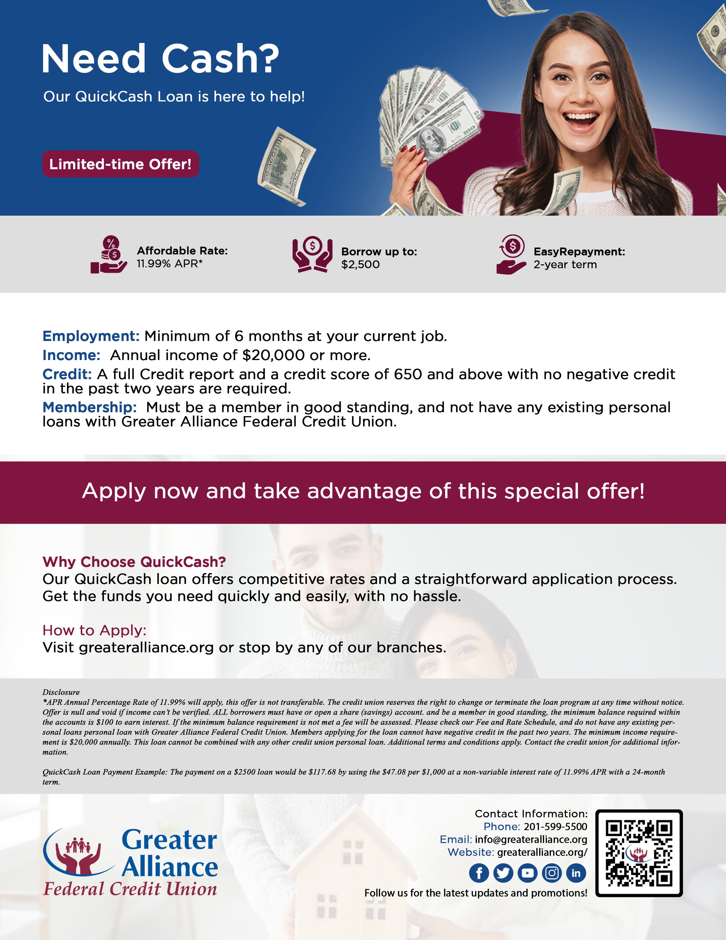 Single-page promotional flyer featuring a QR code.
