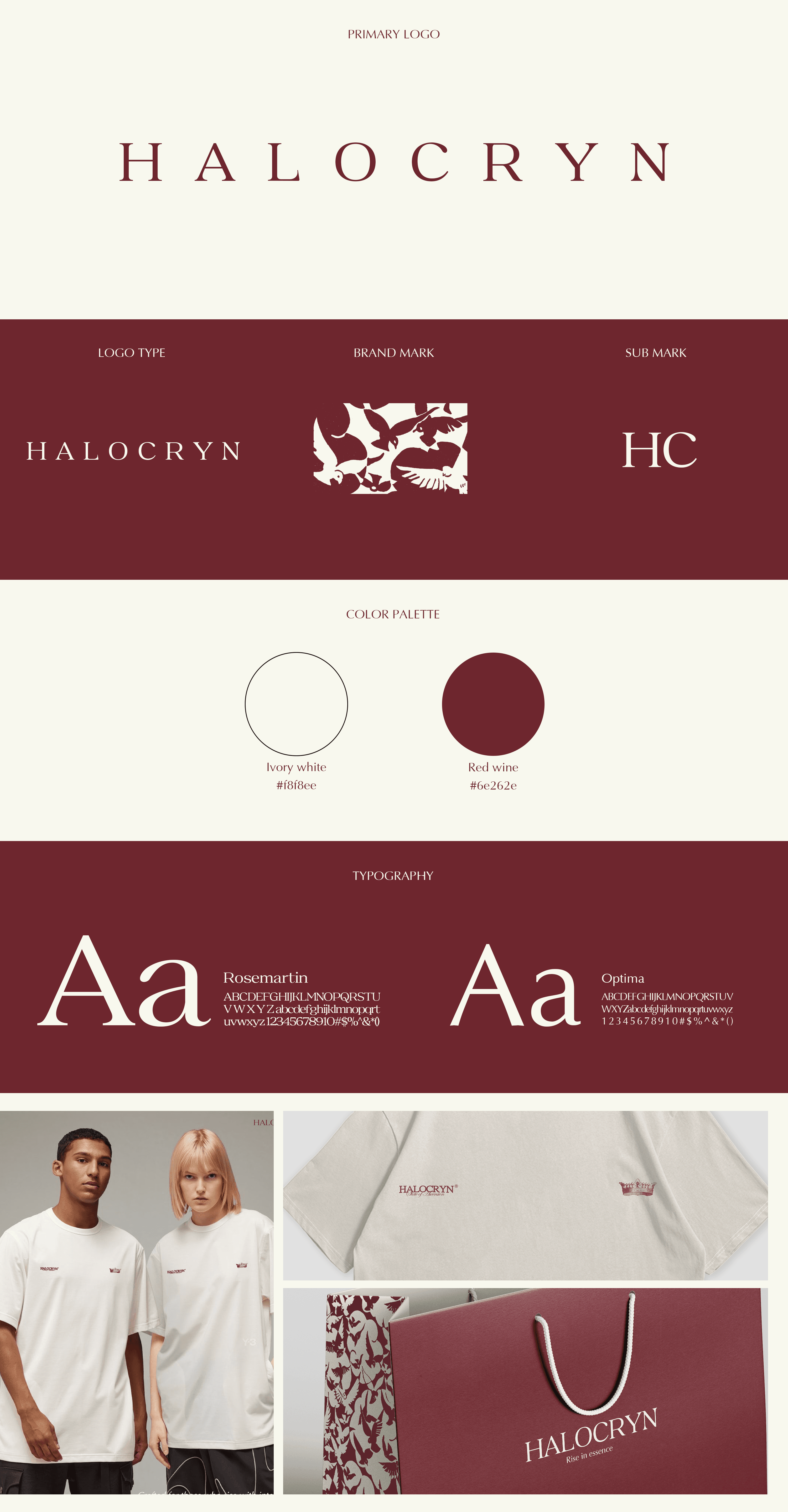 Halocryn brand identity presentation showing logos, burgundy and ivory colors, typography, and apparel applications.