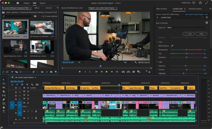 Adobe Premiere Pro workspace showing source footage, color controls, captions, and a layered video timeline.