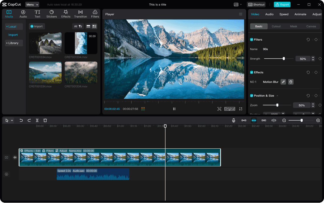 CapCut desktop workspace showing landscape footage, filters, effects, and an edited video timeline.