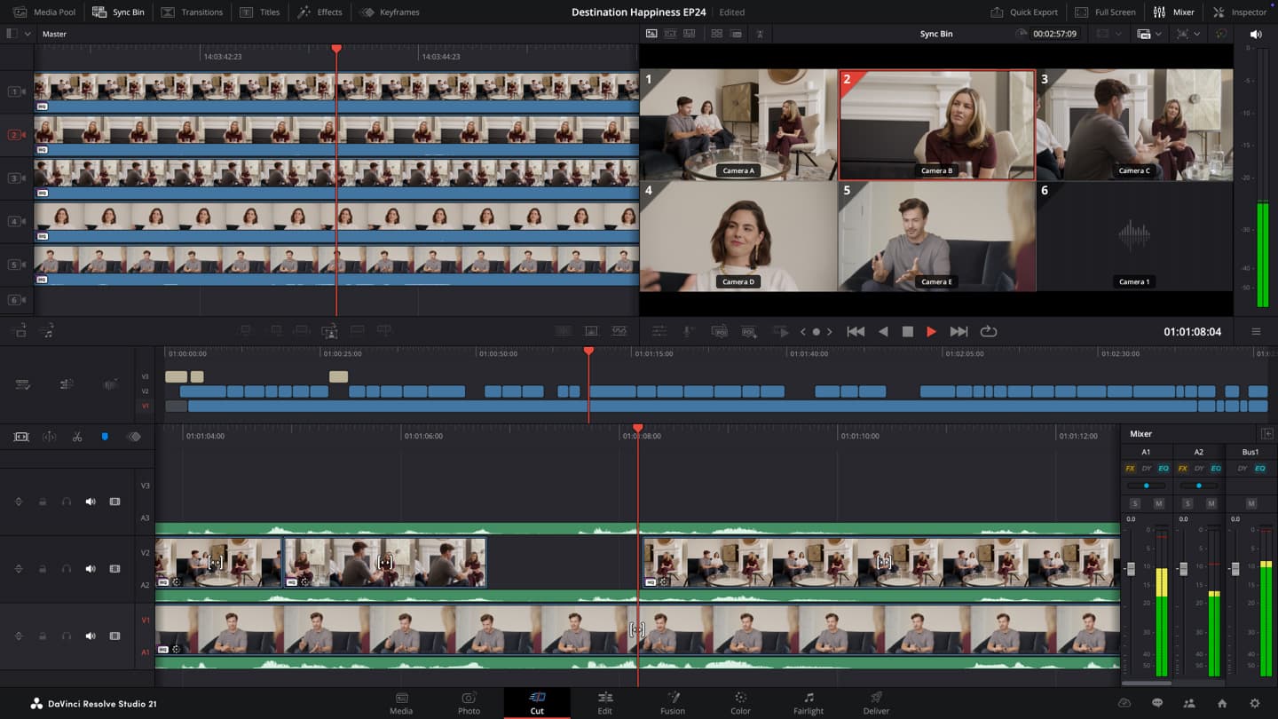DaVinci Resolve workspace showing synchronized camera footage, audio tracks, and a multicamera editing timeline.