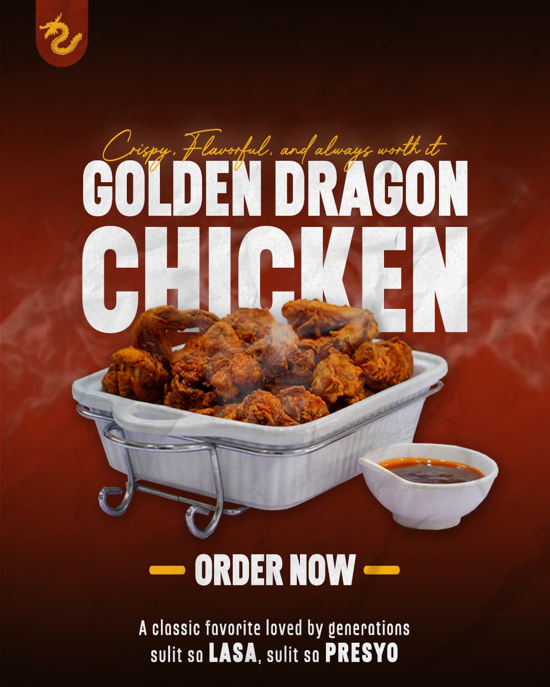 Golden Dragon Chicken social media graphic featuring a tray of fried chicken and an order now message.
