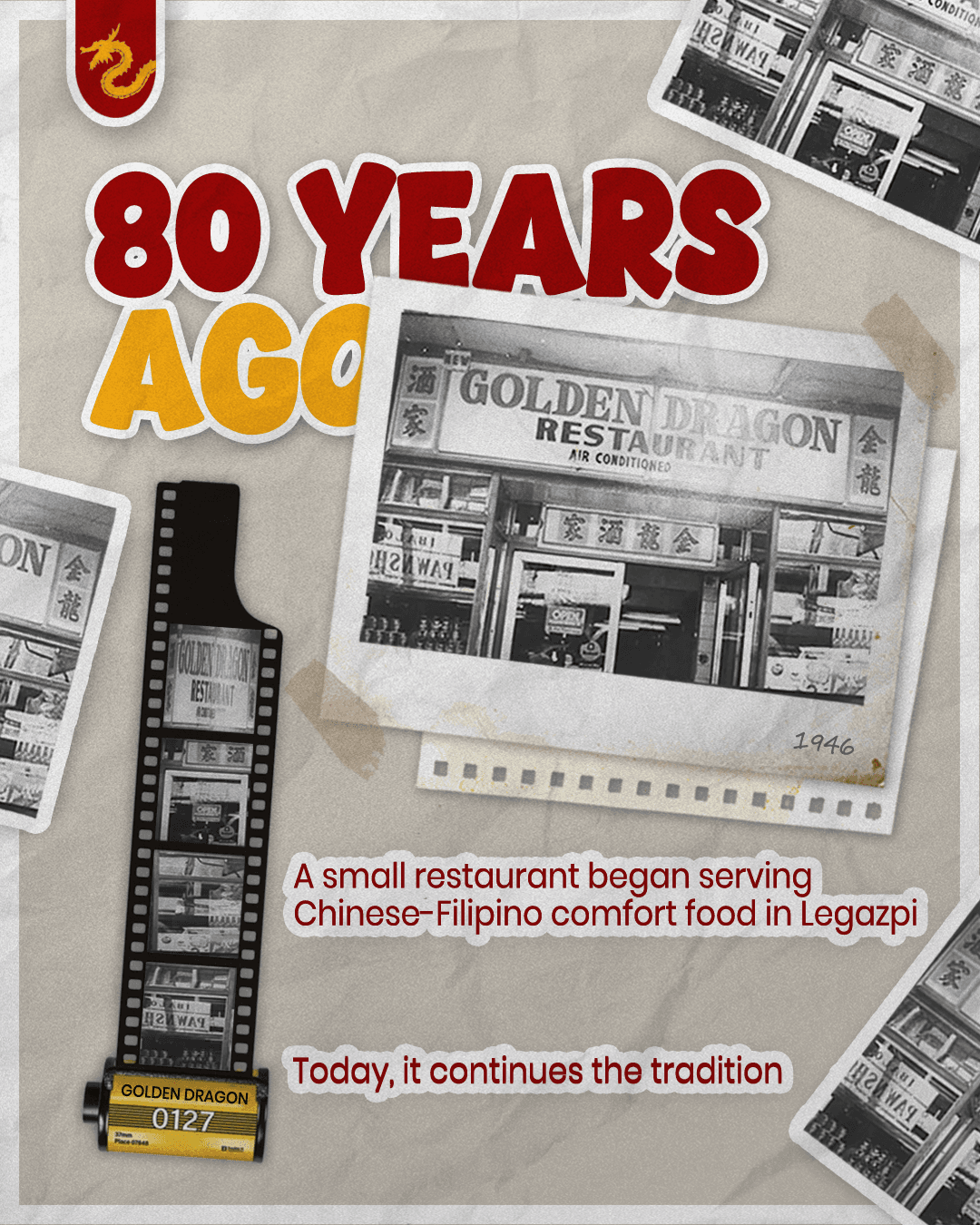 Golden Dragon heritage content marking the restaurant's beginnings 80 years ago.