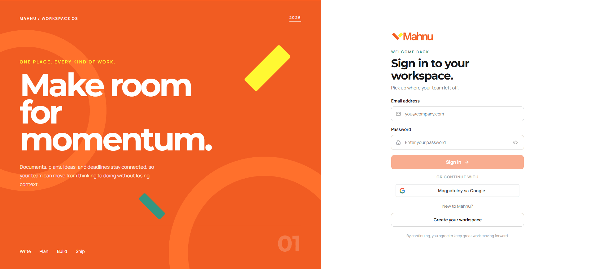 Mahnu Workspace sign-in interface beside an orange editorial landing panel.