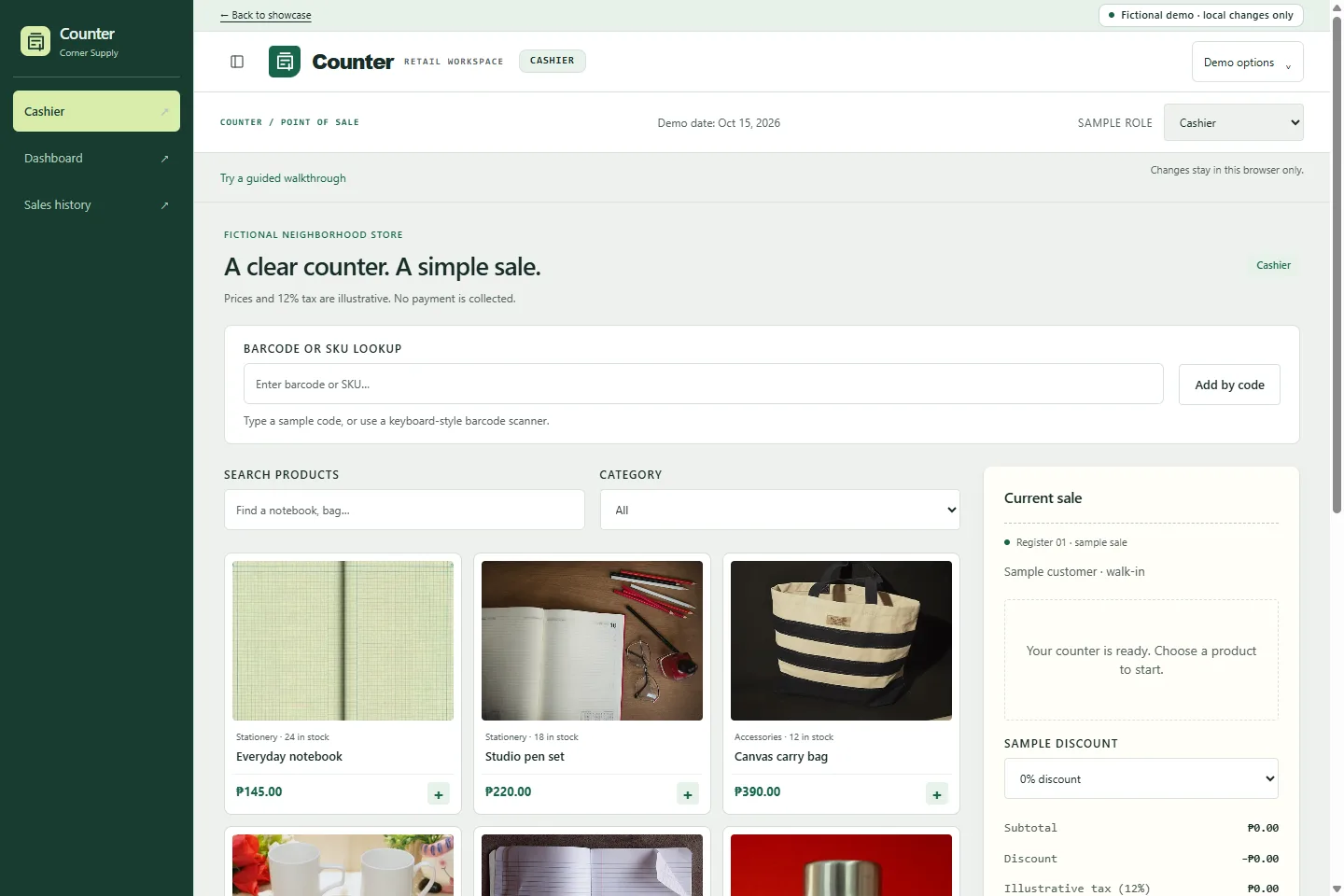 Counter / Point of Sale actual interactive demo interface